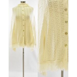 60s Vintage Ivory Fringed Knit Cape Womens S/M